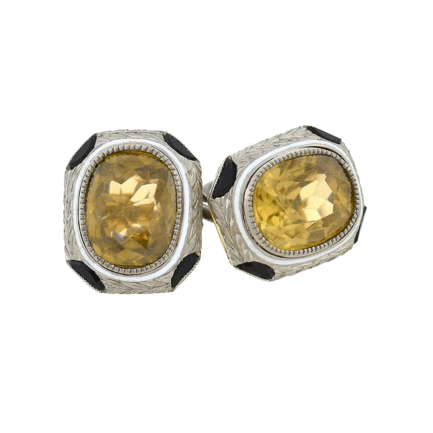 Art Deco 18kt White Enameled Citrine + Onyx Cufflinks