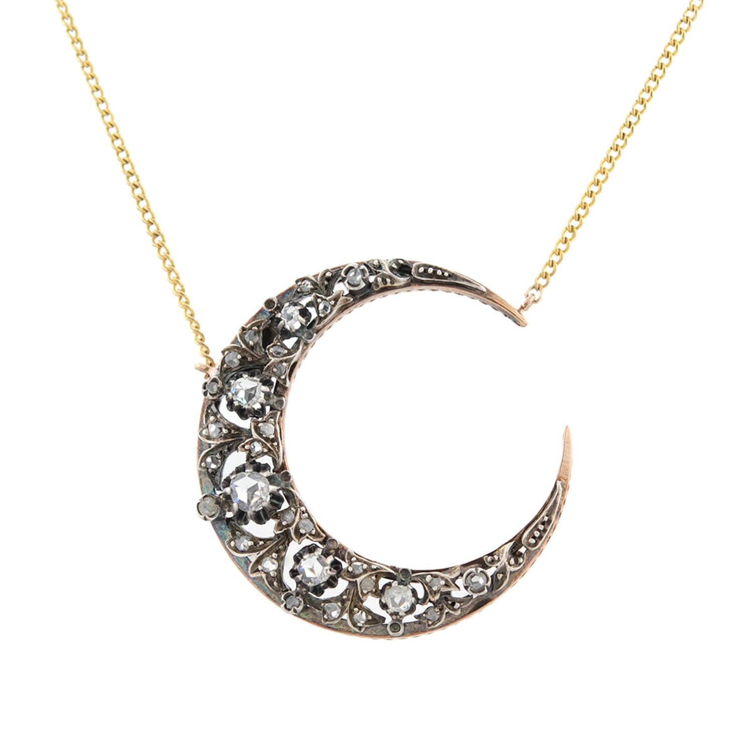 Victorian 18k + Sterling Topped Diamond Crescent Moon Necklace