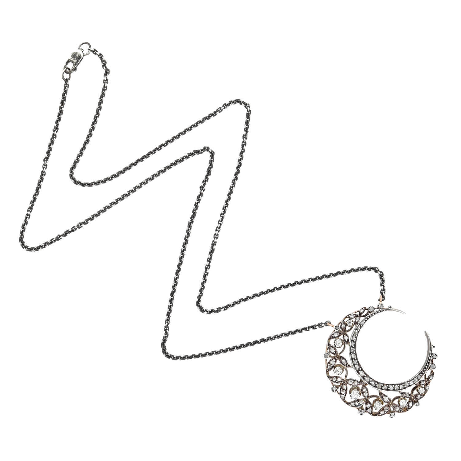 Victorian Conversion 18kt/Sterling Diamond Crescent Moon Necklace