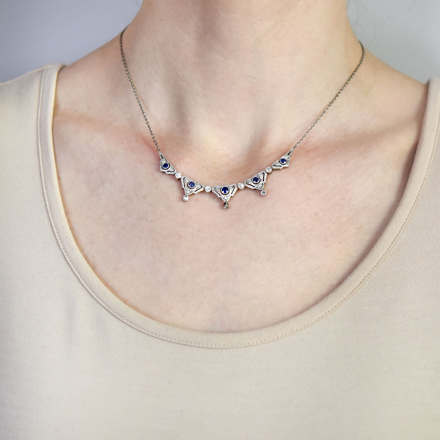 Edwardian Platinum/14kt Diamond + Natural Sapphire Necklace