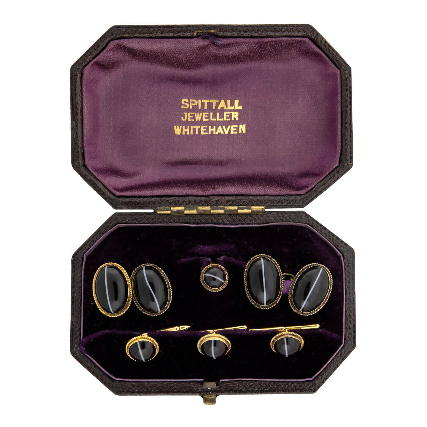 Victorian 14k Banded Agate Cabochon 6-Piece Cufflink Set with Original Box