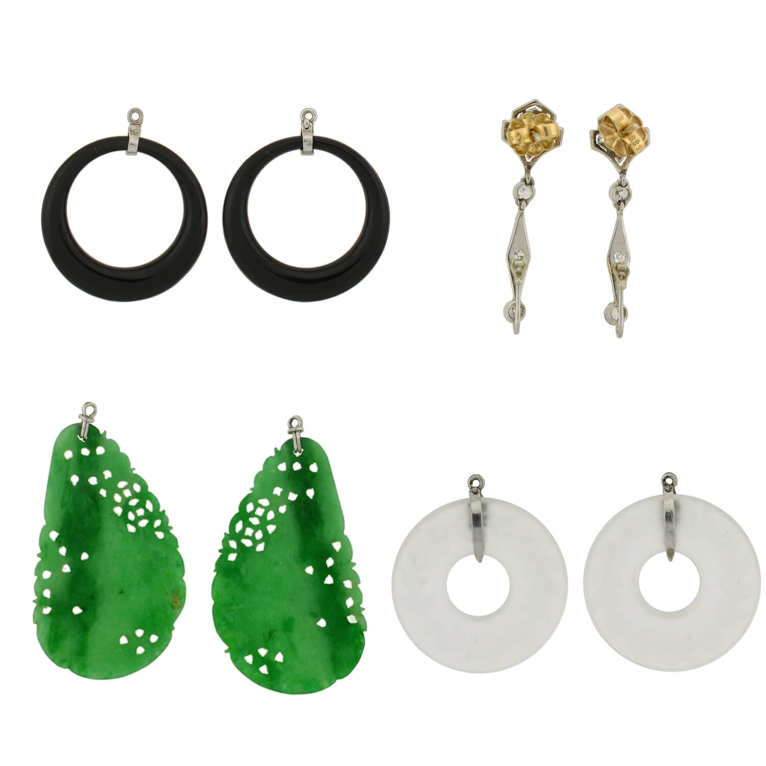 Art Deco Platinum Diamond, Jadeite, Onyx + Rock Crystal Convertible Earrings