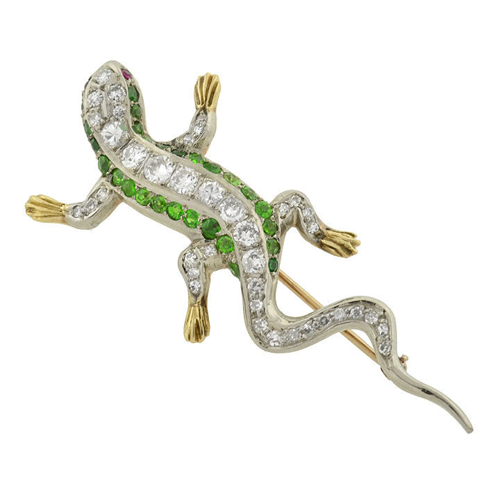 Edwardian 14kt/Platinum Diamond & Demantoid Garnet Lizard Pin