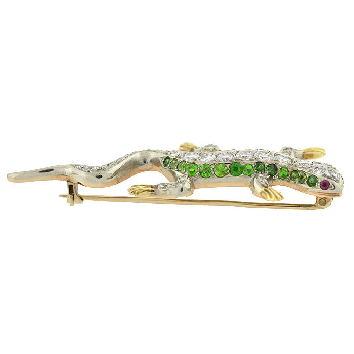 Edwardian 14kt/Platinum Diamond & Demantoid Garnet Lizard Pin