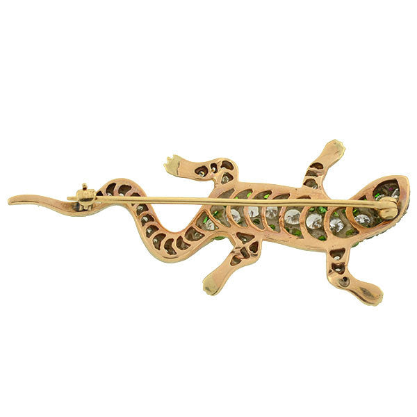 Edwardian 14kt/Platinum Diamond & Demantoid Garnet Lizard Pin