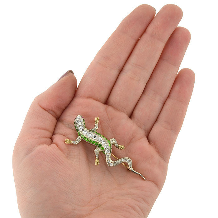 Edwardian 14kt/Platinum Diamond & Demantoid Garnet Lizard Pin