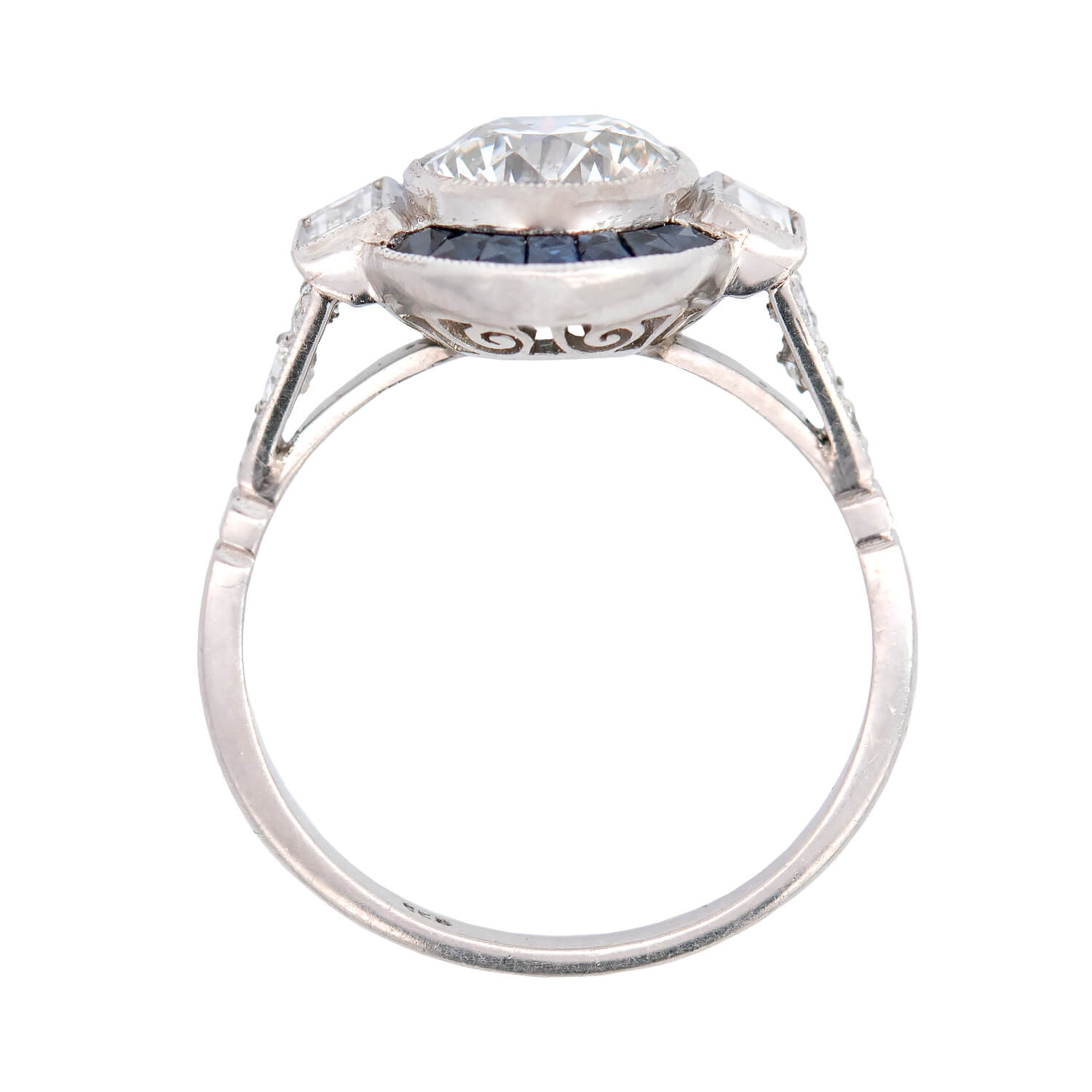 Art Deco Style Platinum Diamond + Sapphire Engagement Ring 1.74ct center