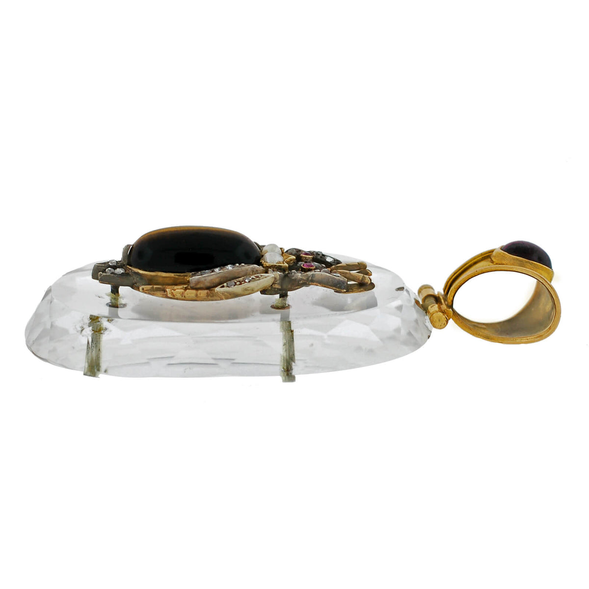 Victorian Large 18kt Rock Crystal, Diamond, Garnet + Tiger Eye Bug Pendant