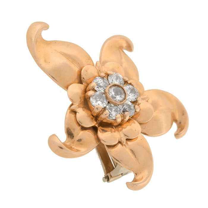 Vintage 14kt & Diamond Starfish Flower Clip Earrings