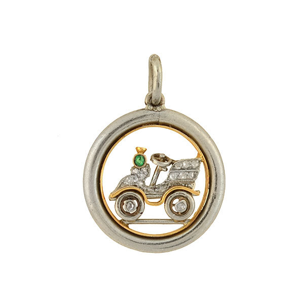 Edwardian Platinum/14kt Diamond Emerald Old Fashioned Car Charm Pendant