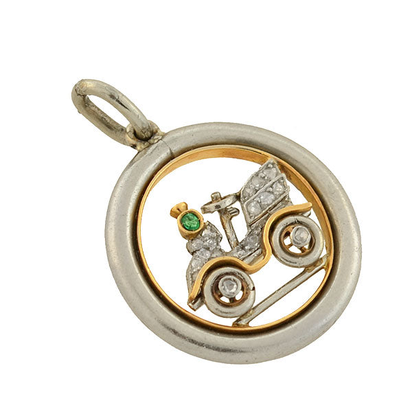 Edwardian Platinum/14kt Diamond Emerald Old Fashioned Car Charm Pendant