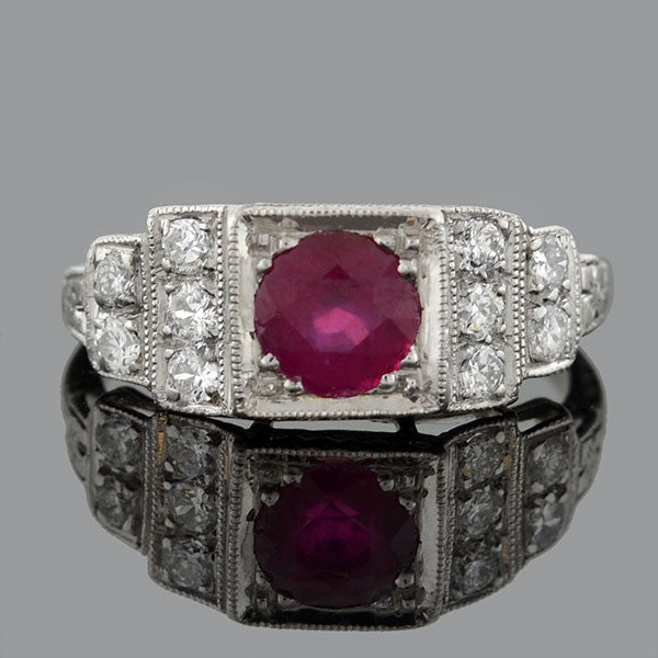 Art Deco Platinum Ruby & Diamond Step Up Ring 1.00ct