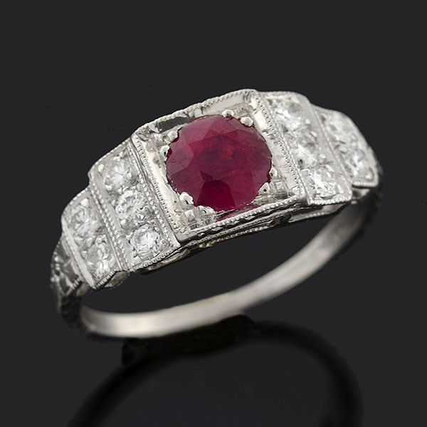 Art Deco Platinum Ruby & Diamond Step Up Ring 1.00ct