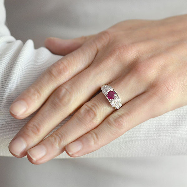 Art Deco Platinum Ruby & Diamond Step Up Ring 1.00ct