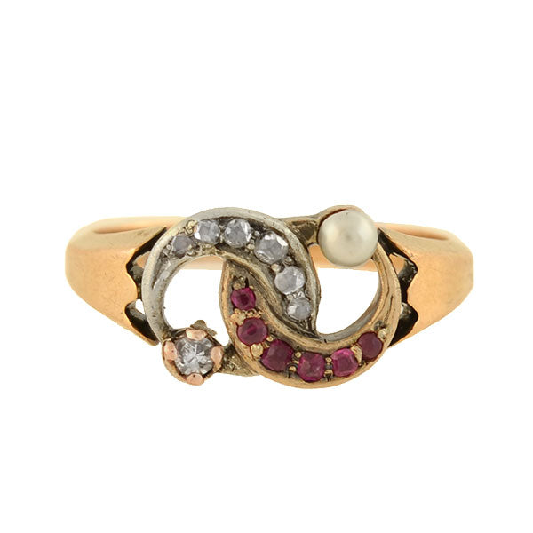 Victorian 14kt Diamond, Pearl + Ruby Double Crescent Ring