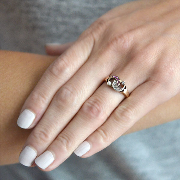 Victorian 14kt Diamond, Pearl + Ruby Double Crescent Ring