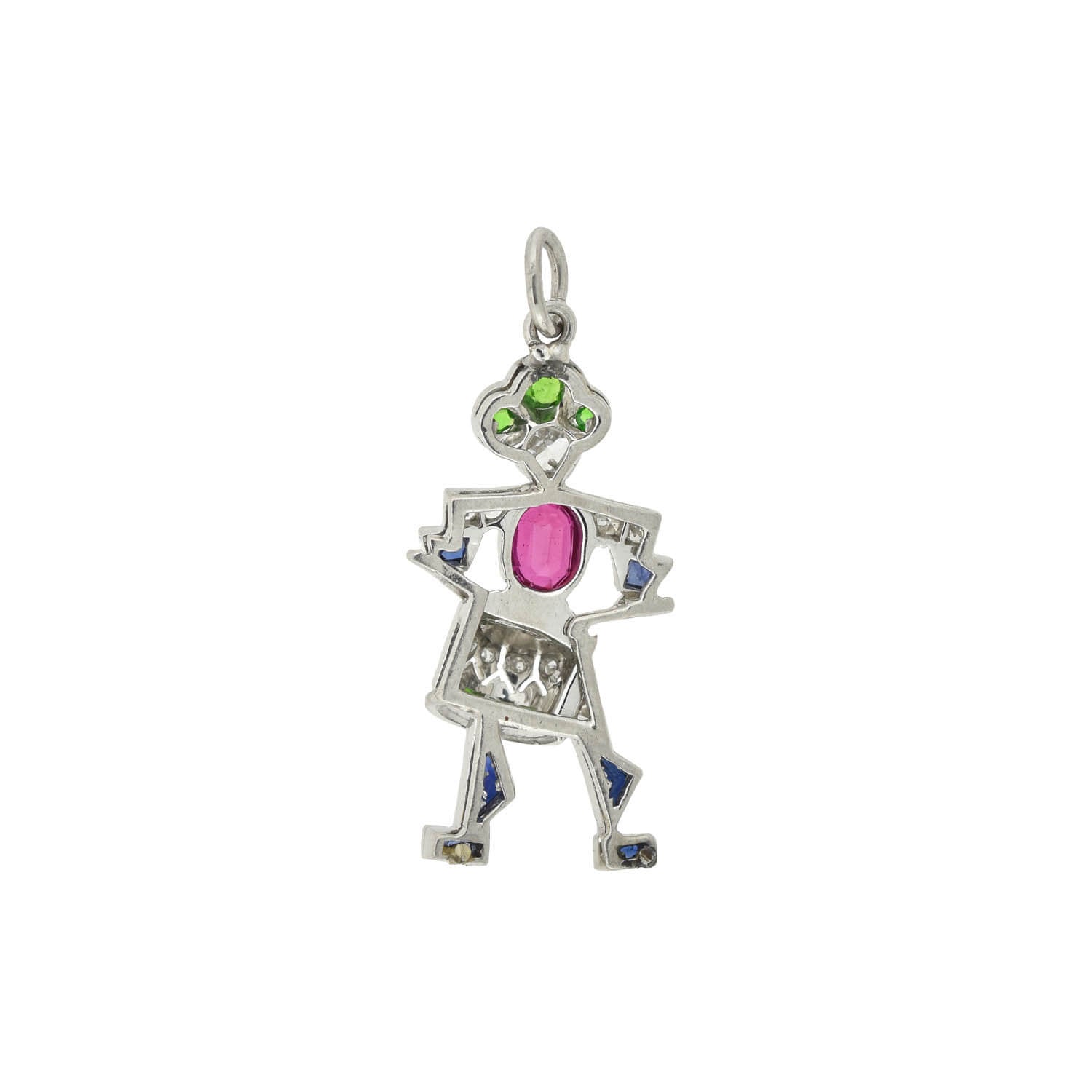 Art Deco Platinum Diamond, Emerald, Ruby + Sapphire Drummer Boy Charm/Pendant