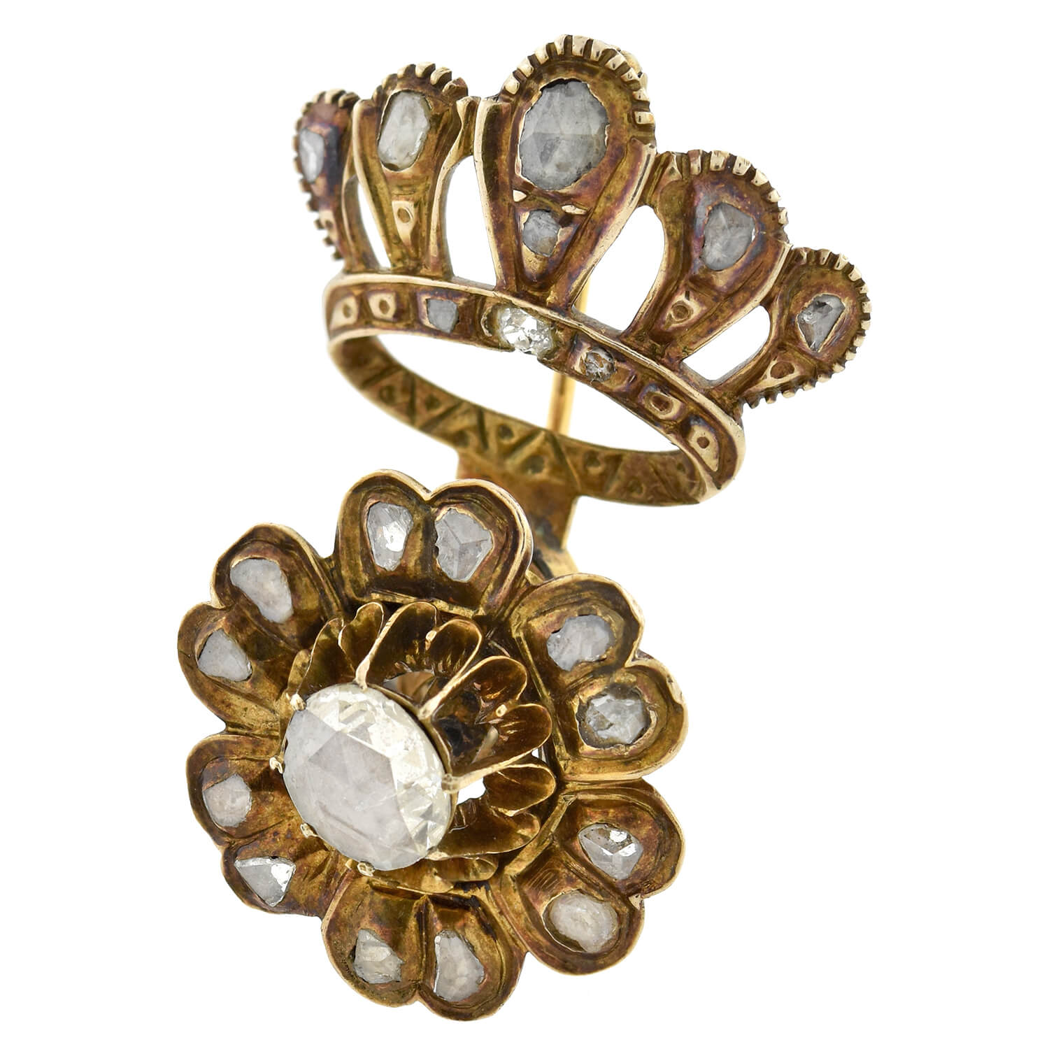 Early Victorian 12kt Rose Cut Diamond Crown + Flower Tremblé Pin