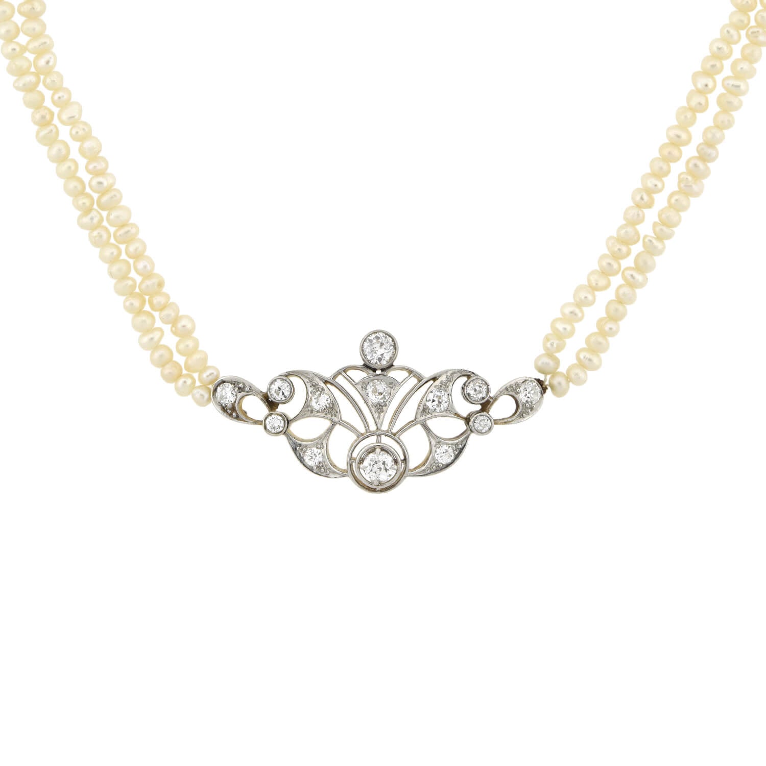 Edwardian 14kt/Platinum Seed Pearl + Diamond Centerpiece Necklace