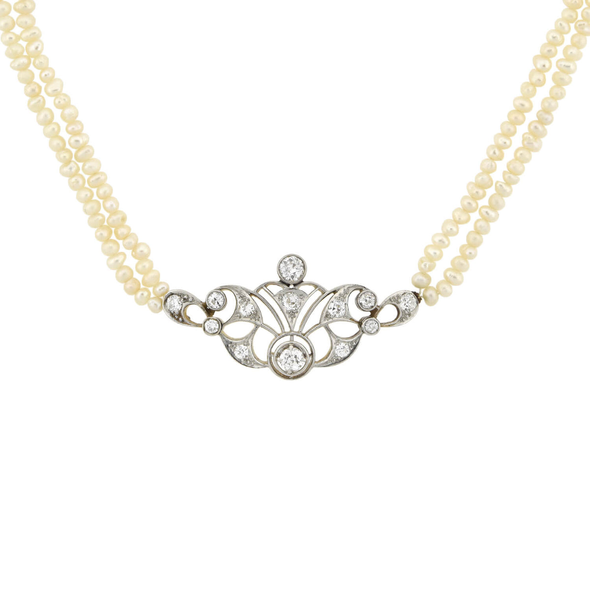 Edwardian 14kt/Platinum Seed Pearl + Diamond Centerpiece Necklace