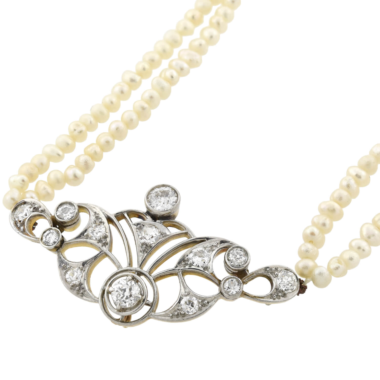 Edwardian 14kt/Platinum Seed Pearl + Diamond Centerpiece Necklace