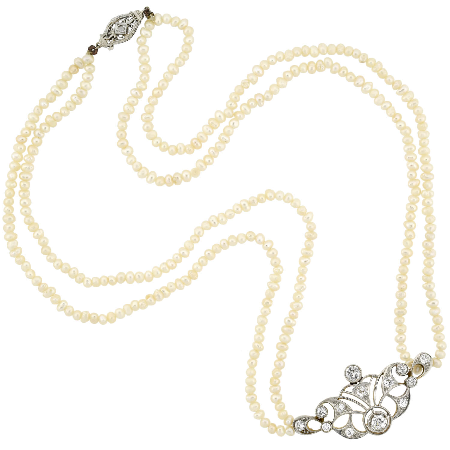 Edwardian 14kt/Platinum Seed Pearl + Diamond Centerpiece Necklace