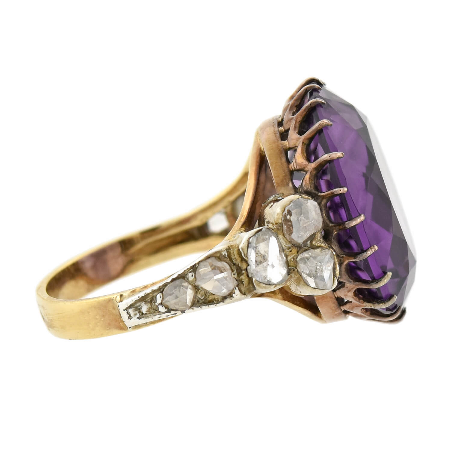 Edwardian 14kt Large 14ct Amethyst + Diamond Ring