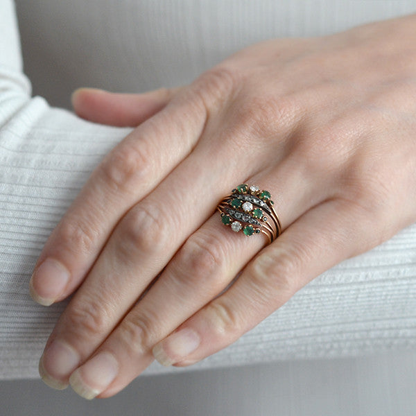 Late Victorian 14kt Emerald & Diamond Curvy Harem Ring