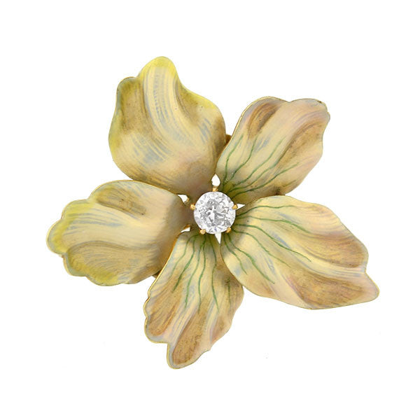 Edwardian 14kt Enamel & Diamond Flower Pin