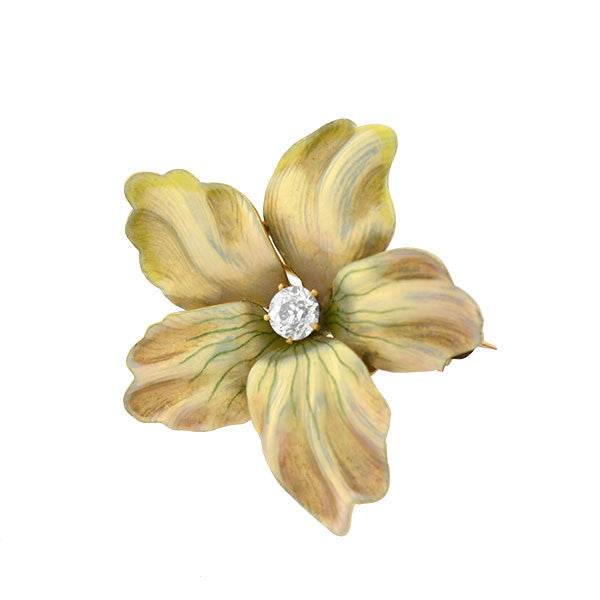 Edwardian 14kt Enamel & Diamond Flower Pin