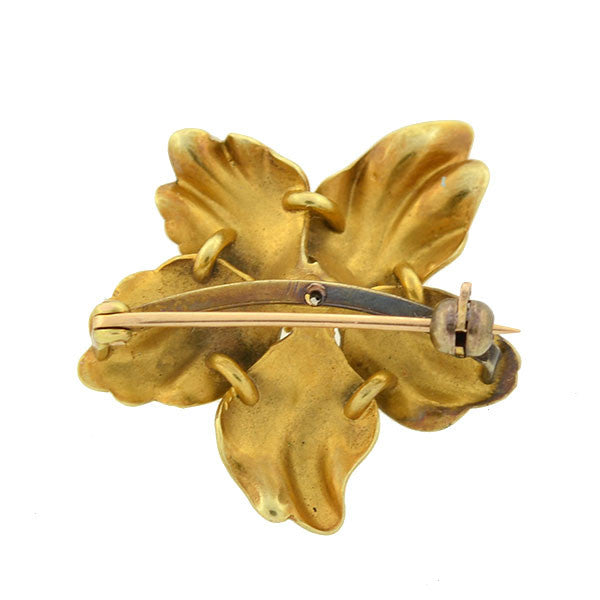 Edwardian 14kt Enamel & Diamond Flower Pin