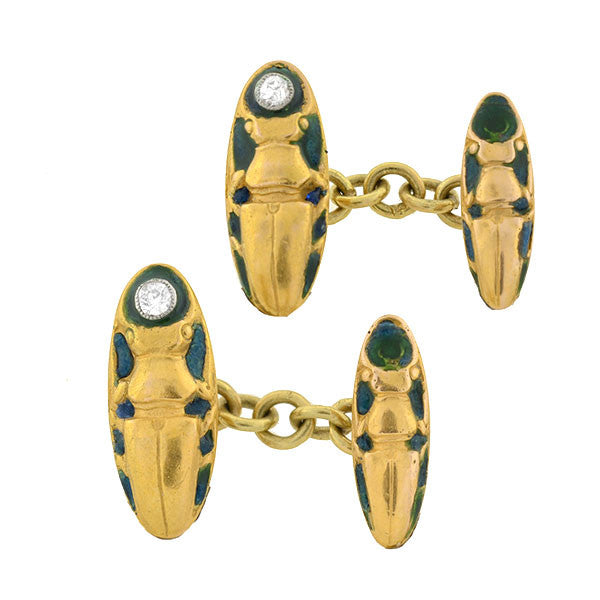 Edwardian 18kt Enamel & Diamond Scarab Cufflinks