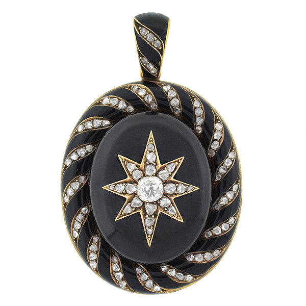Victorian 15kt Enamel & Rose Cut Diamond Starburst Locket