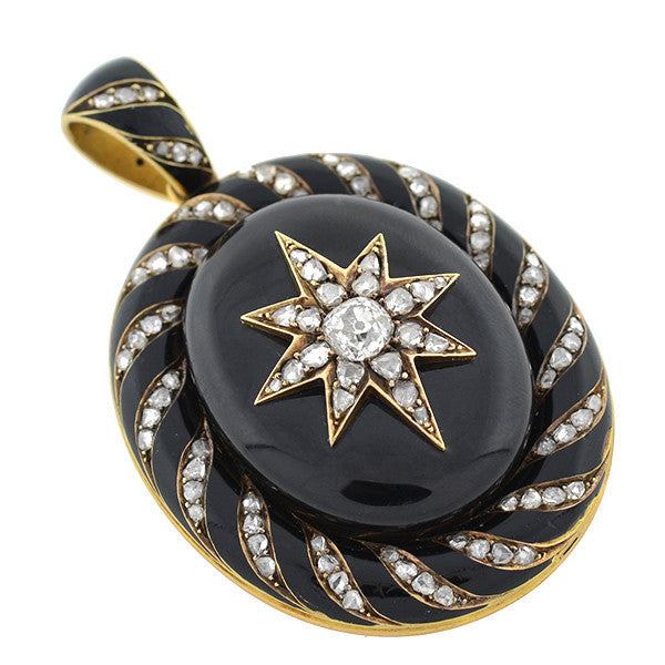 Victorian 15kt Enamel & Rose Cut Diamond Starburst Locket