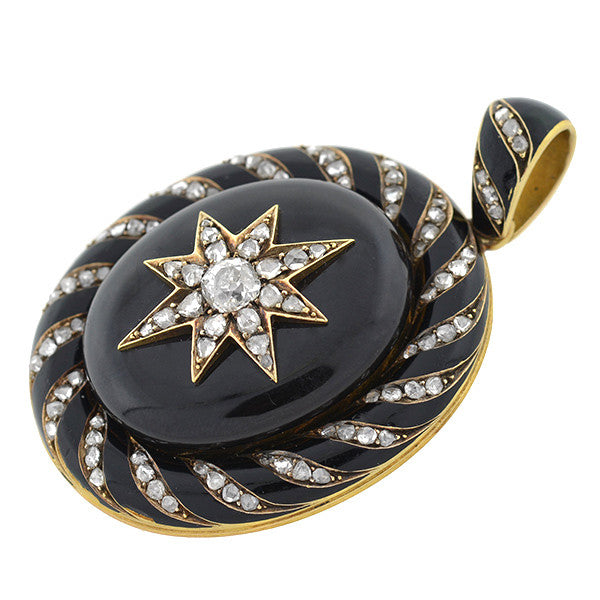 Victorian 15kt Enamel & Rose Cut Diamond Starburst Locket