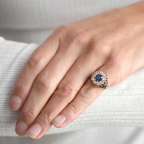 Victorian 18kt Sapphire & Diamond Enameled Cluster Ring 1.25ct center