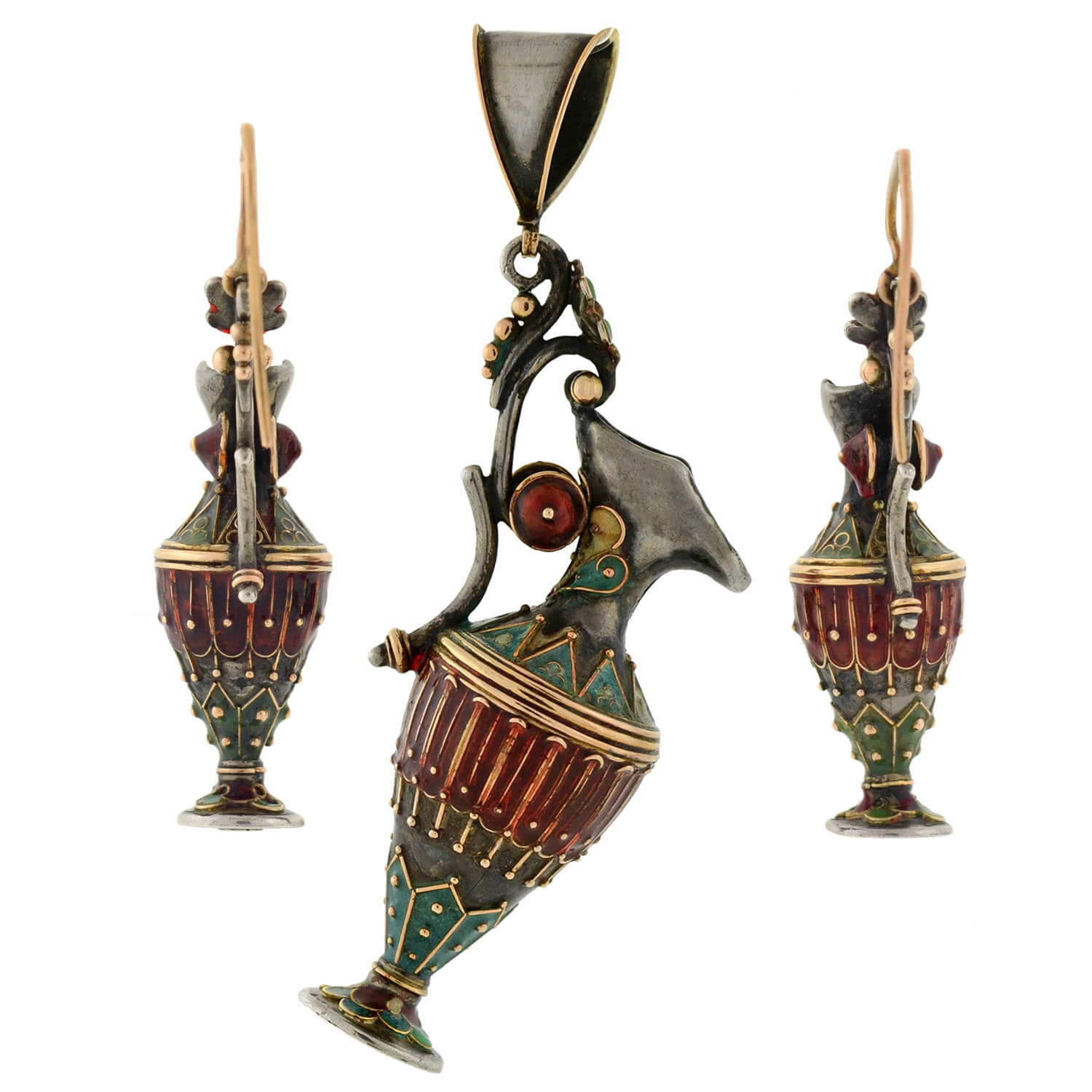 Victorian Sterling Enameled Etruscan Urn Earring + Pendant Set