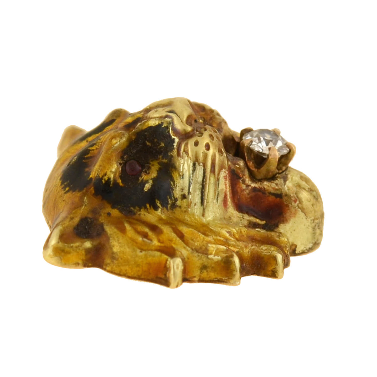 Victorian 15kt Enamel + Diamond Tiger Head Pendant