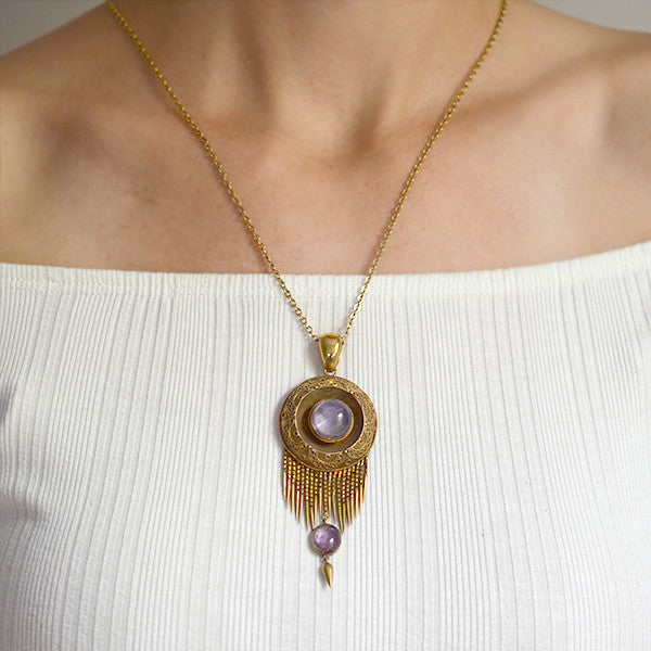 Victorian 15kt & Amethyst Etruscan Foxtail Pendant/Locket