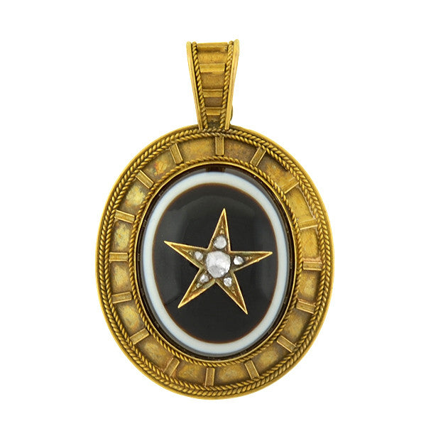 Victorian 14kt Banded Agate & Diamond Star Locket/Pendant