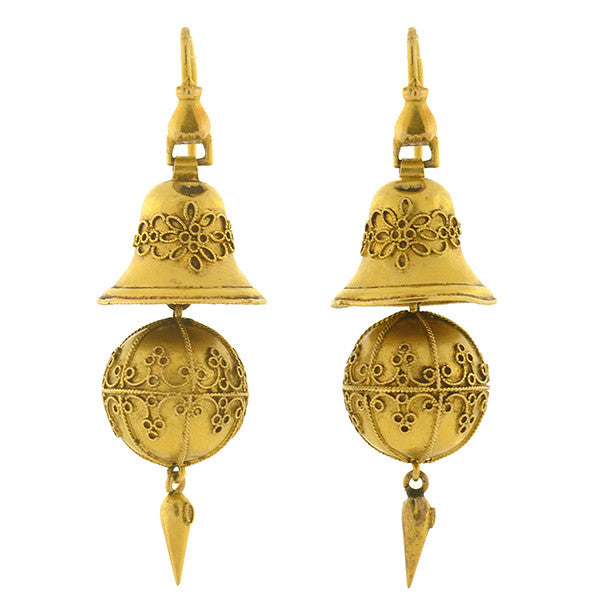 Victorian 15kt Etruscan Ball & Bell Hanging Earrings