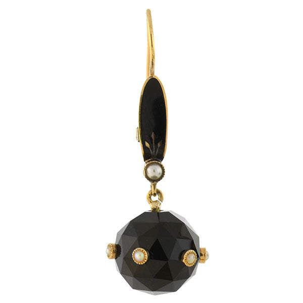 Victorian 14kt Faceted Onyx Sphere + Pearl Enameled Earrings