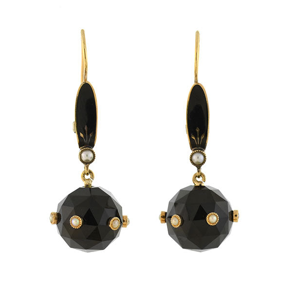 Victorian 14kt Faceted Onyx Sphere + Pearl Enameled Earrings