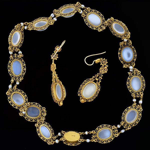 Victorian 14kt Moonstone + Pearl Filigree Earring Necklace Set