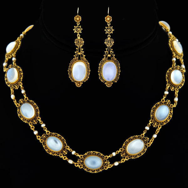 Victorian 14kt Moonstone + Pearl Filigree Earring Necklace Set