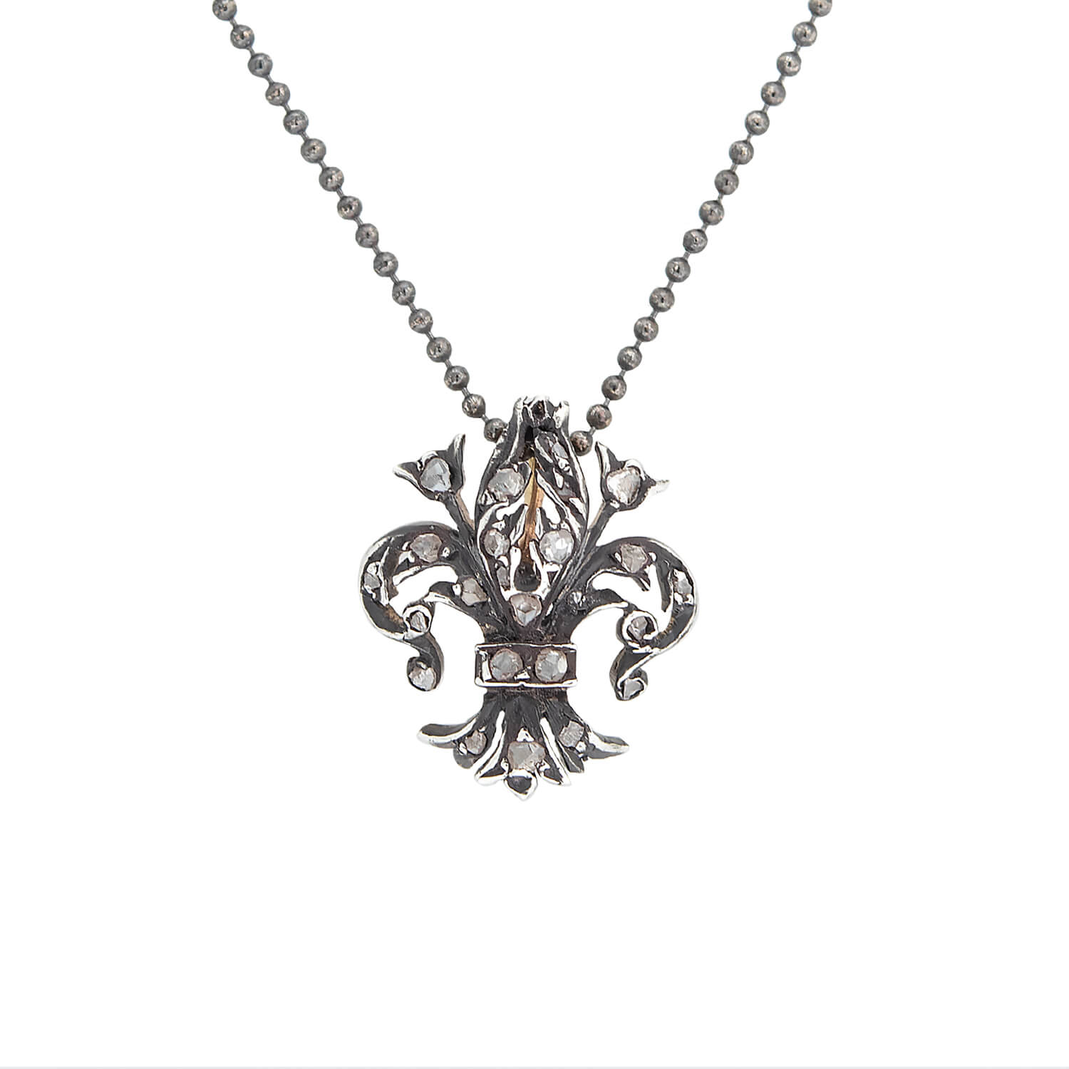 Victorian 14kt/Sterling + Diamond Fleur-de-Lys Pendant Necklace