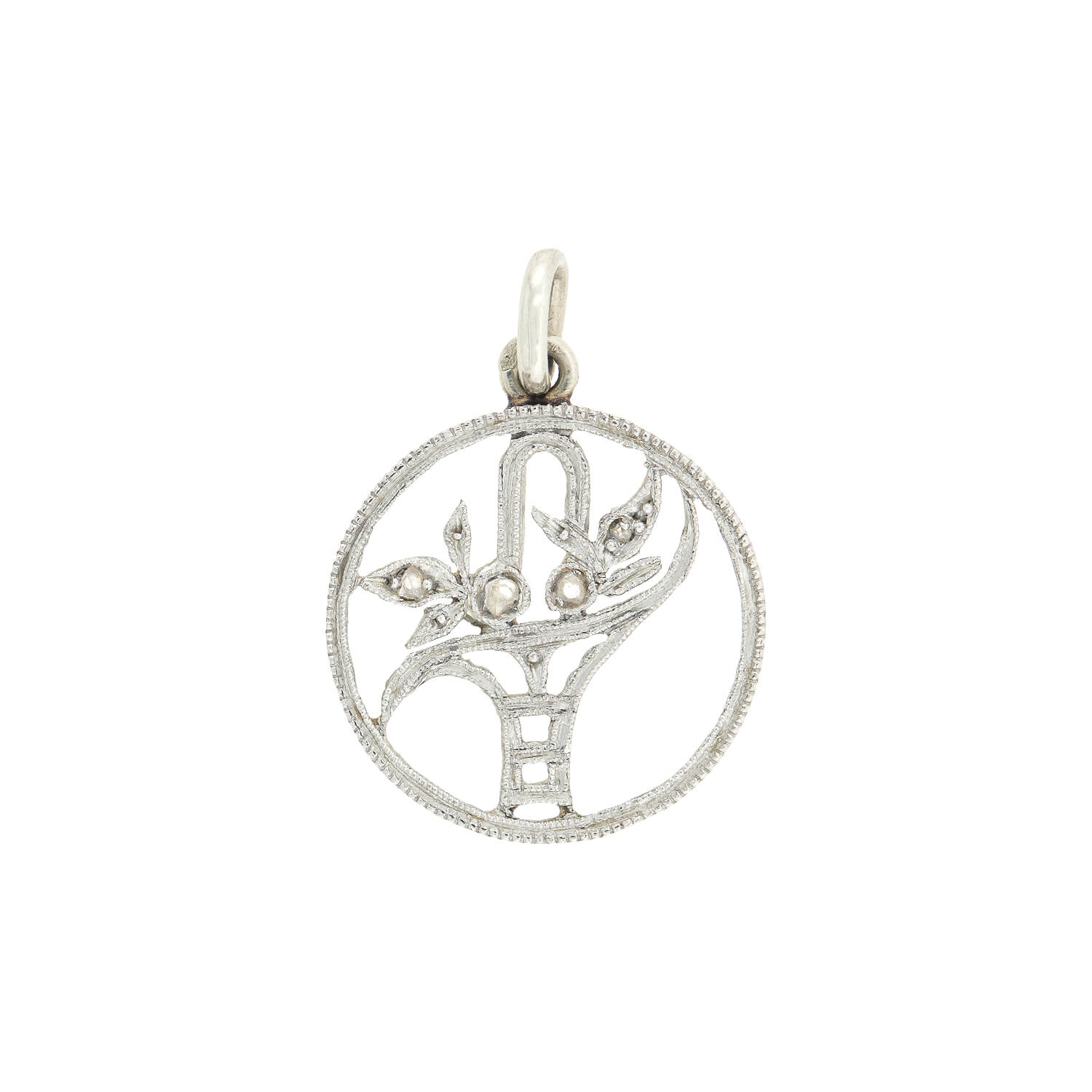 Edwardian Platinum + Rose Cut Diamond Flower Basket Charm