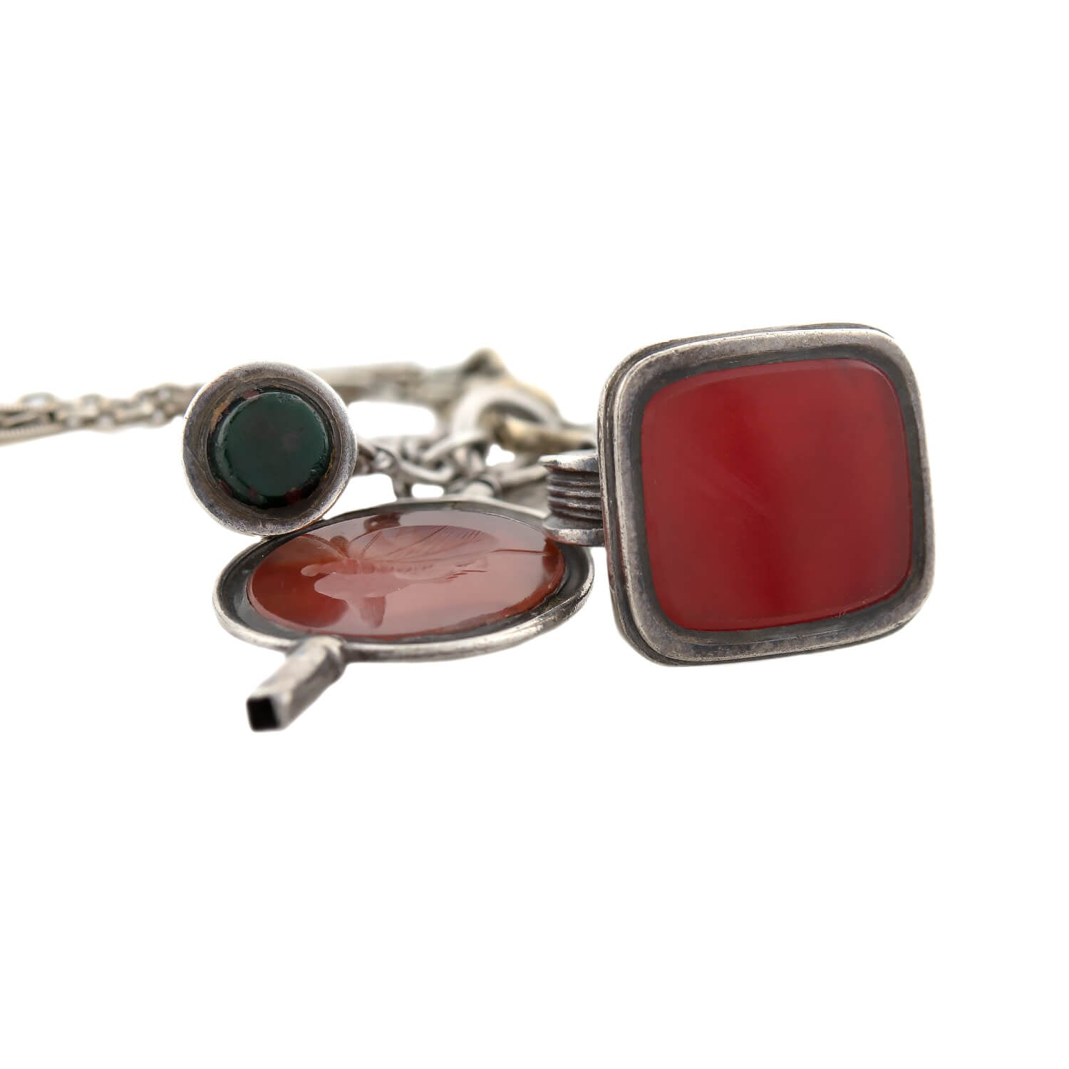 Victorian Sterling/Gold Filled Chain with Bloodstone + Carnelian Fob Pendants Necklace