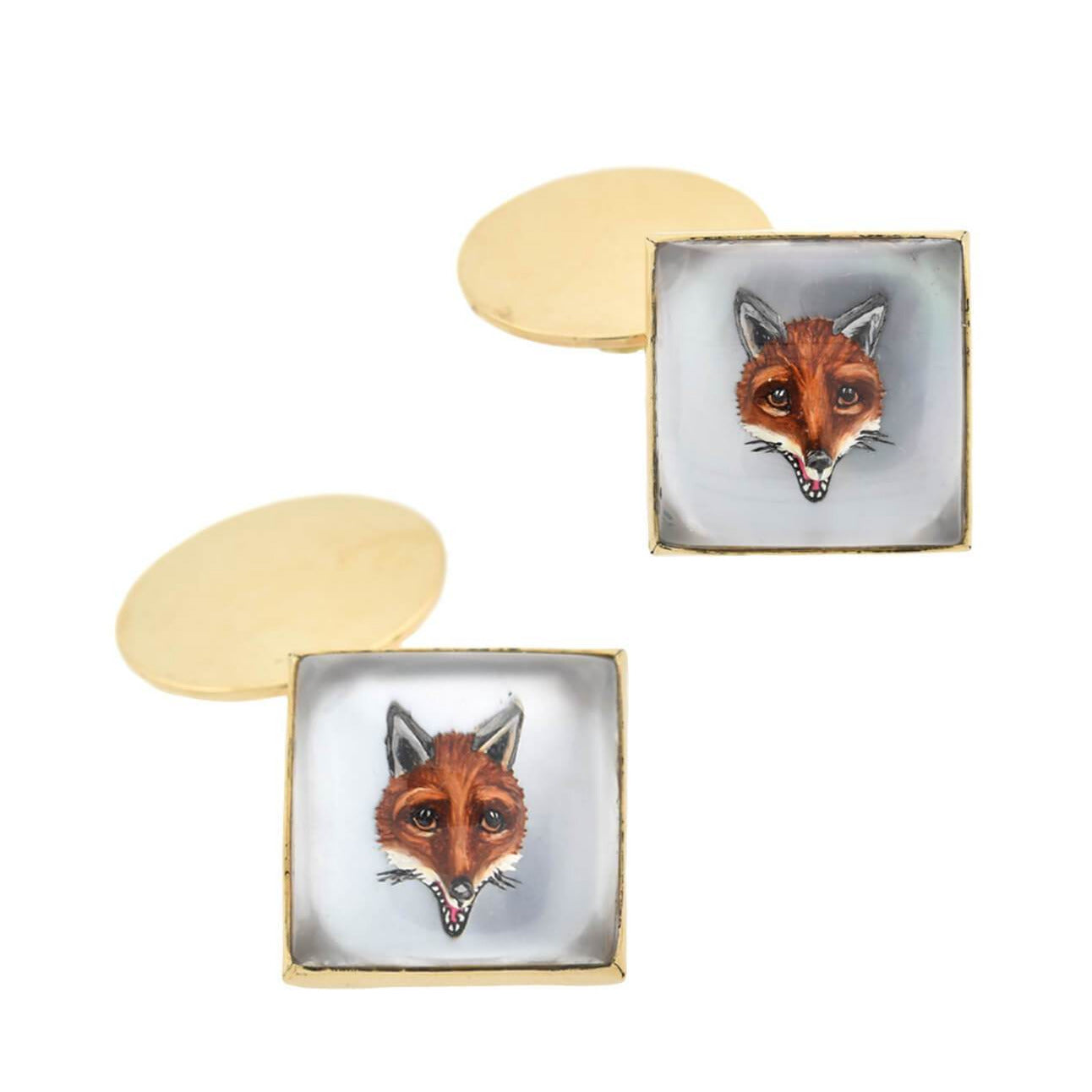 Retro 14kt Painted Reverse Carved Rock Crystal Fox Cufflinks