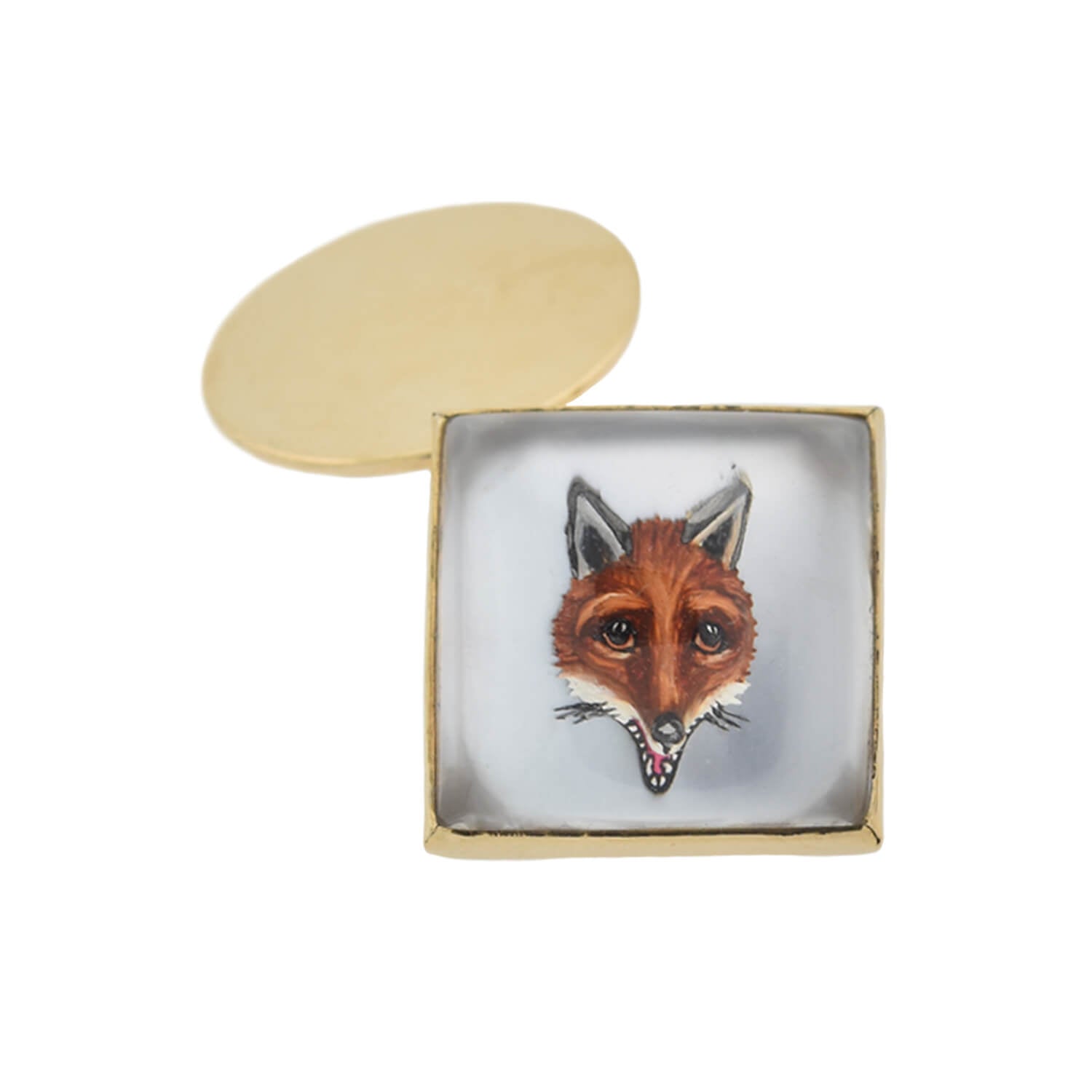 Retro 14kt Painted Reverse Carved Rock Crystal Fox Cufflinks